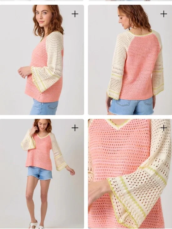 Crochet raglan sleeve V-Neck Sweater Top in Peach and Cream - Picture 2 of 3